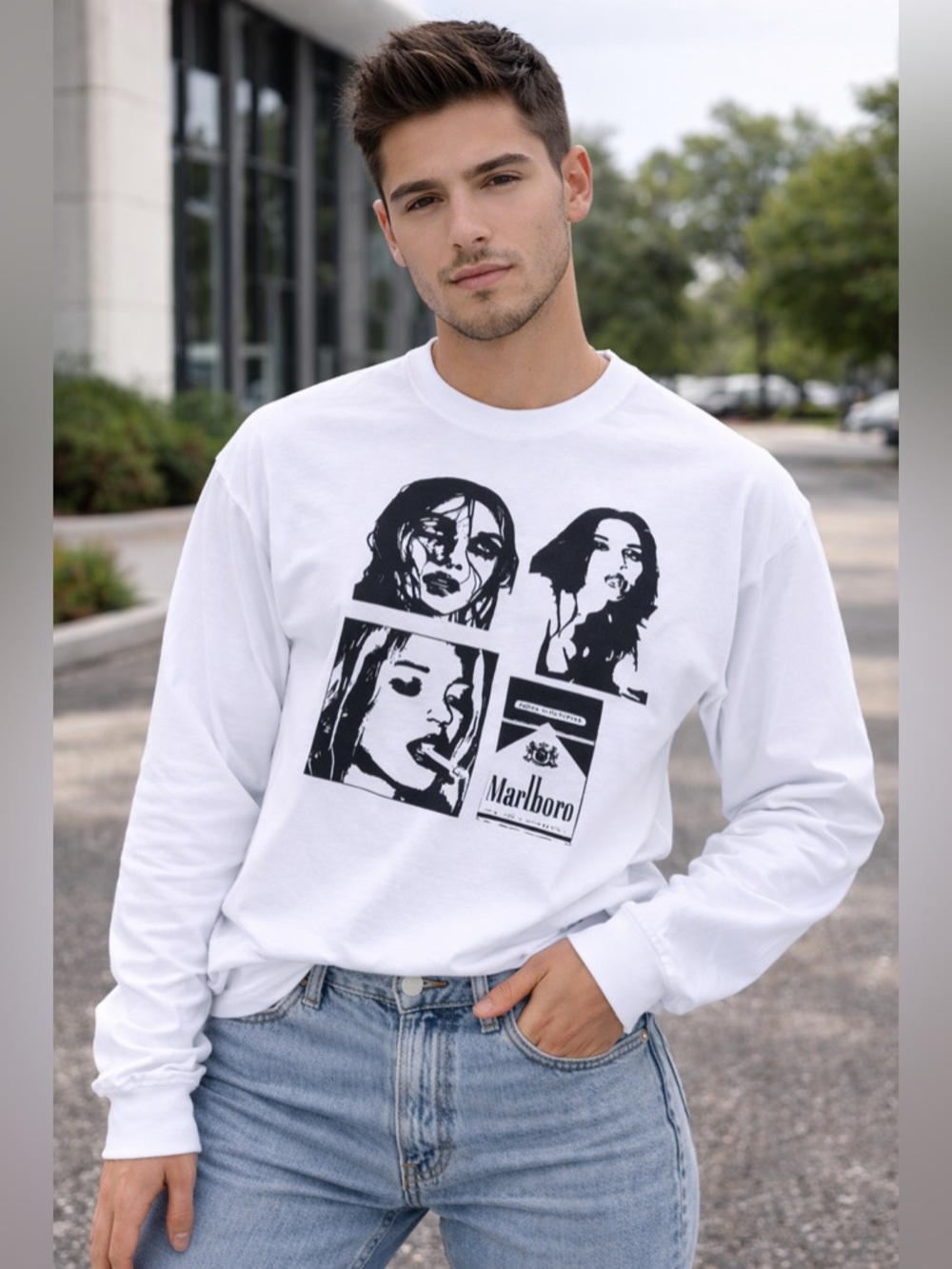 1Marlboro1. Cotton Black Long Sleeve, Crew-Neck Sz S-3XL.